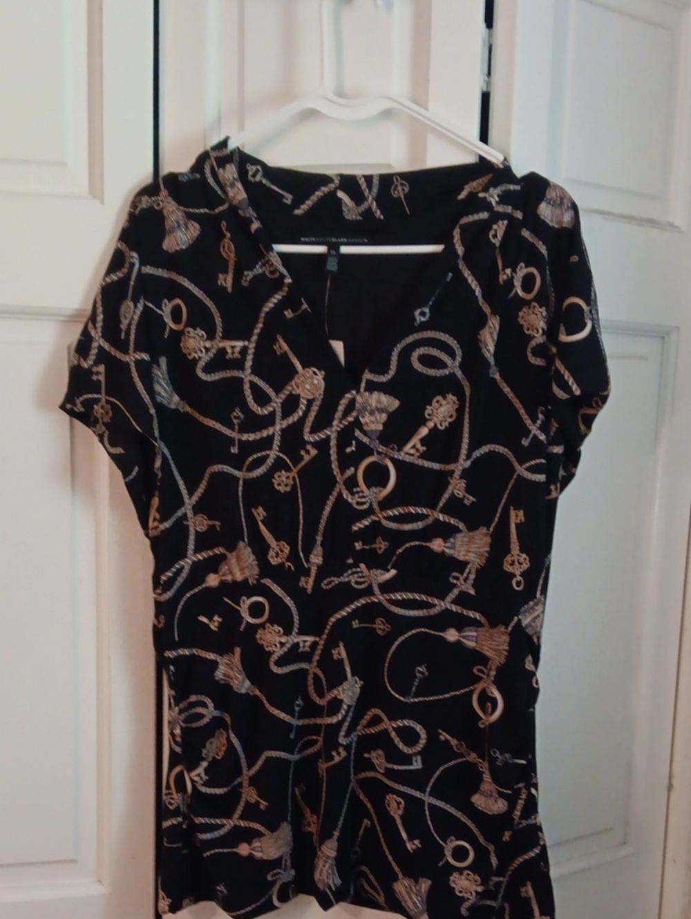 White House Black Market Black V-Neck Top with Gold Key & Rope Print